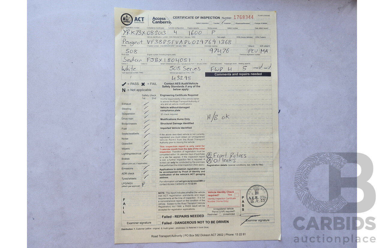 8/2013 Peugeot 508 Active 1.6T MY13 4d Sedan White 1.6L