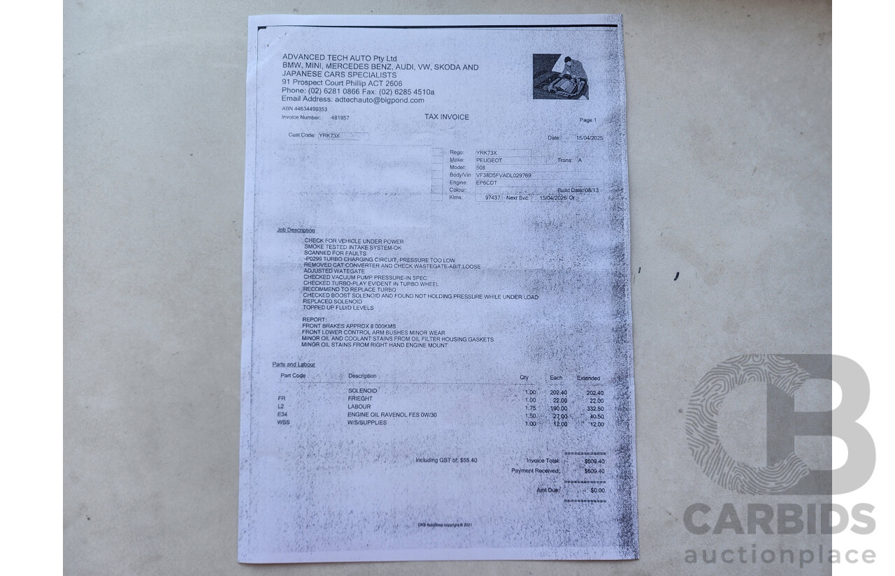 8/2013 Peugeot 508 Active 1.6T MY13 4d Sedan White 1.6L