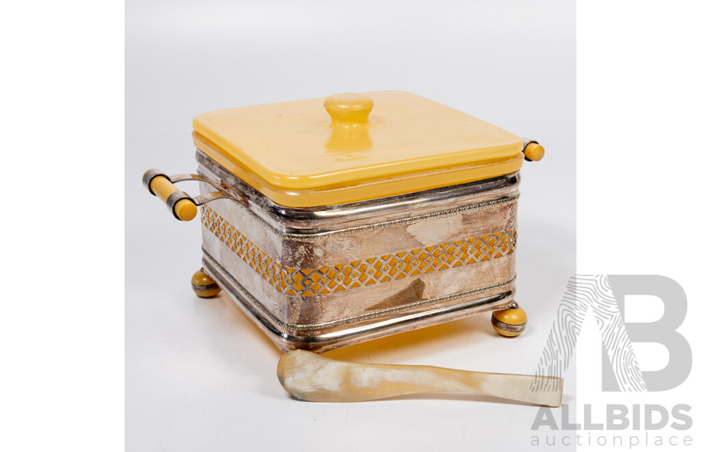 Antique Art Deco Australian Made Lewbury Silver Plate Lidded Butter Dish with Bakelite Base and Yellow Glass Liner & Lid Along with Scottish Horn Knife