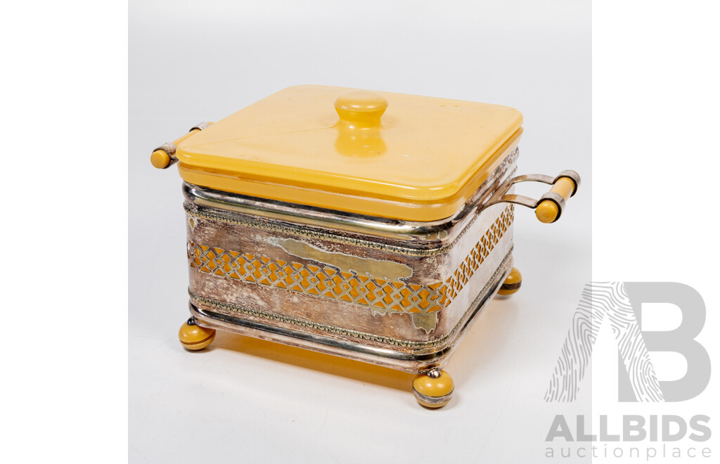 Antique Art Deco Australian Made Lewbury Silver Plate Lidded Butter Dish with Bakelite Base and Yellow Glass Liner & Lid Along with Scottish Horn Knife