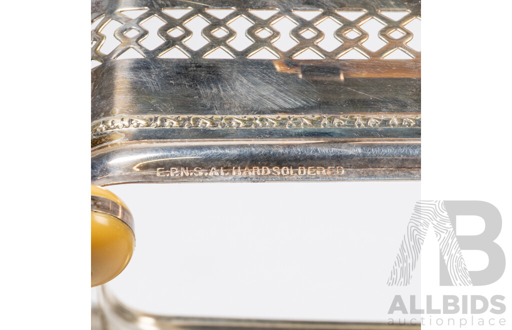 Antique Art Deco Australian Made Lewbury Silver Plate Lidded Butter Dish with Bakelite Base and Yellow Glass Liner & Lid Along with Scottish Horn Knife