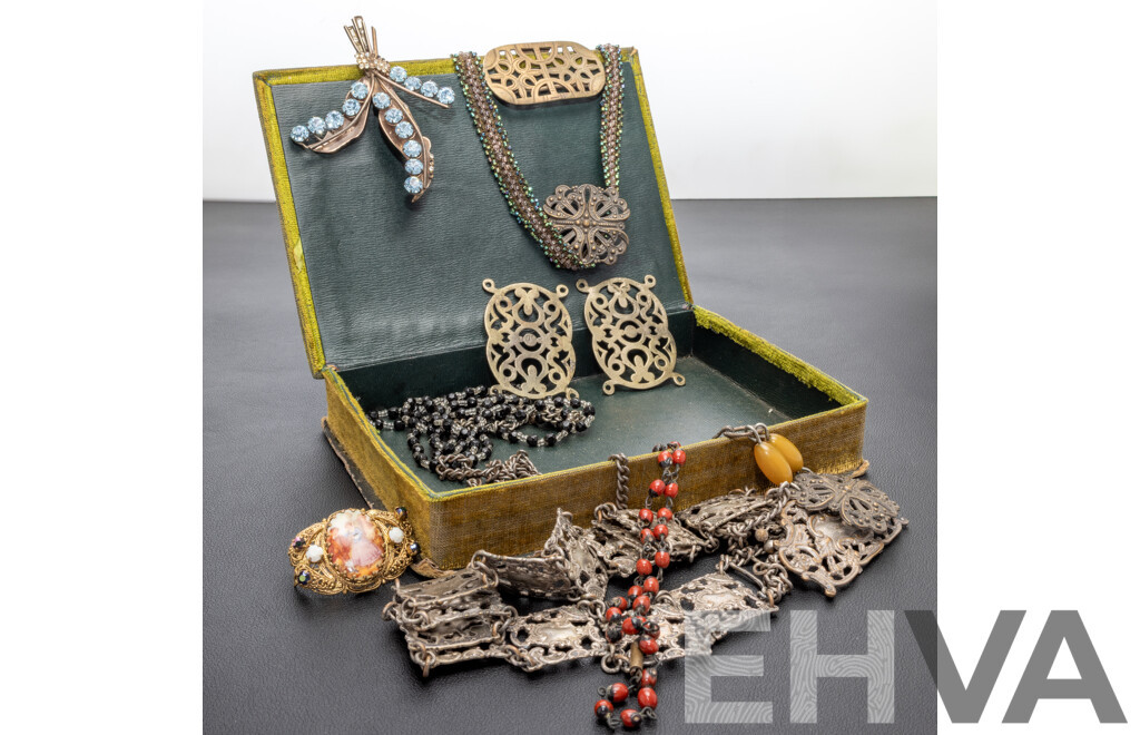 Collection of Antique & Vintage Pieces in an Early Vintage Hinged Trinket Box, Incl. Antique Panel Belt