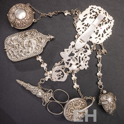 Antique Sterling Silver Chatelaine with Cherub Motifs and (5) Sterling Silver Attachments, Letter of Provenance, 173.0 Grams C.1849-1888