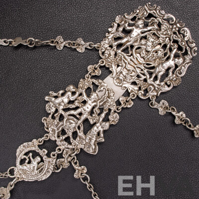 Antique Sterling Silver Chatelaine with Cherub Motifs and (5) Sterling Silver Attachments, Letter of Provenance, 173.0 Grams C.1849-1888