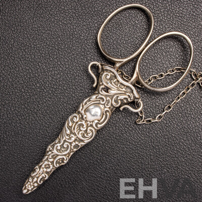 Antique Sterling Silver Chatelaine with Cherub Motifs and (5) Sterling Silver Attachments, Letter of Provenance, 173.0 Grams C.1849-1888