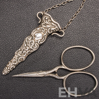 Antique Sterling Silver Chatelaine with Cherub Motifs and (5) Sterling Silver Attachments, Letter of Provenance, 173.0 Grams C.1849-1888