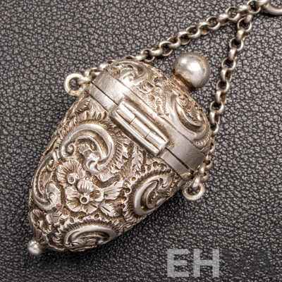 Antique Sterling Silver Chatelaine with Cherub Motifs and (5) Sterling Silver Attachments, Letter of Provenance, 173.0 Grams C.1849-1888