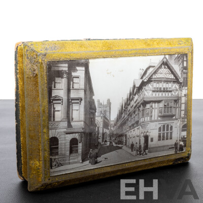 Collection of Antique & Vintage Pieces in an Early Vintage Hinged Trinket Box, Incl. Antique Panel Belt