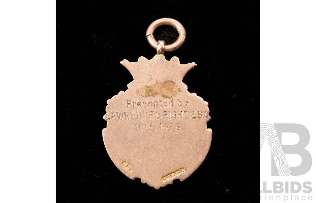 Antique 9ct Winners Medal Pendant with Cartouche, Dated 1926, 30mm, 4.21 Grams