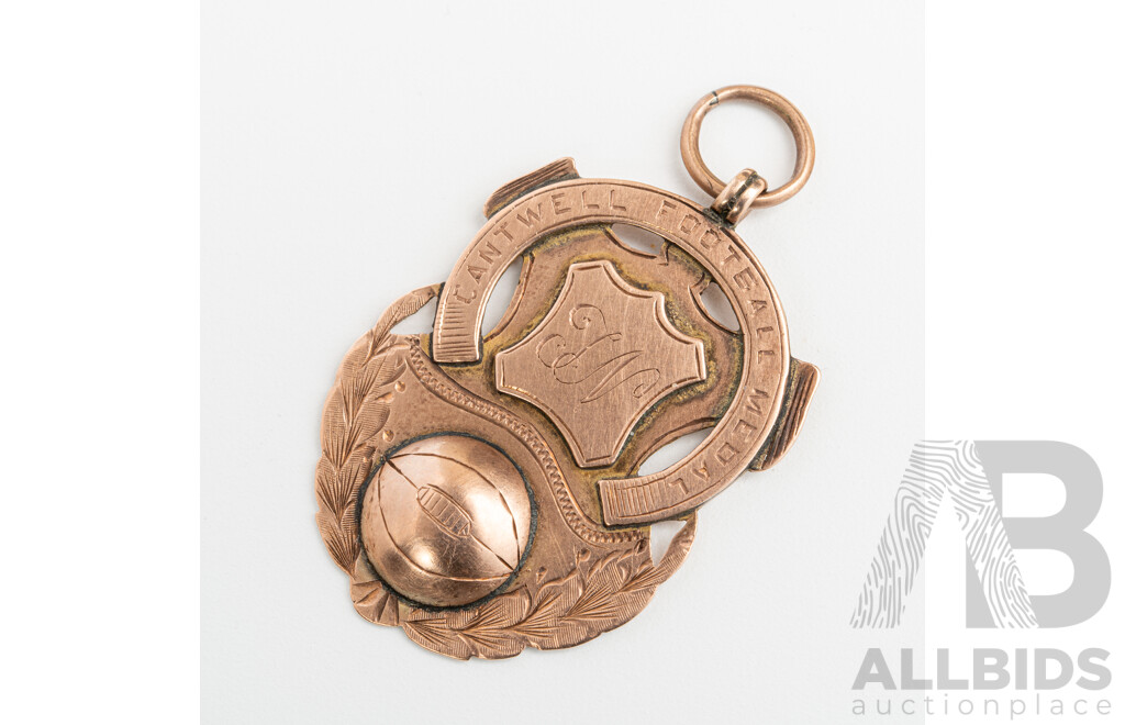 Antique 9ct Cantwell Football Medal Pendant, 1912 Season, 38mm, 5.90 Grams