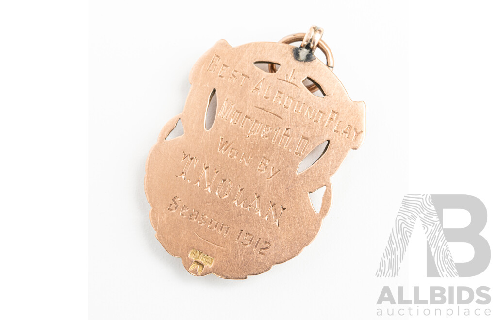 Antique 9ct Cantwell Football Medal Pendant, 1912 Season, 38mm, 5.90 Grams
