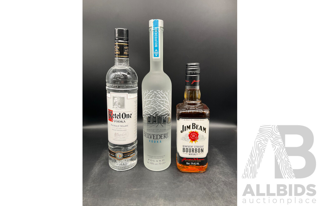 KETEL ONE Vodka 700ML, BELVEDERE Vodka 700ml, JIM BEAM Whisky 700ml  - Lot of 3