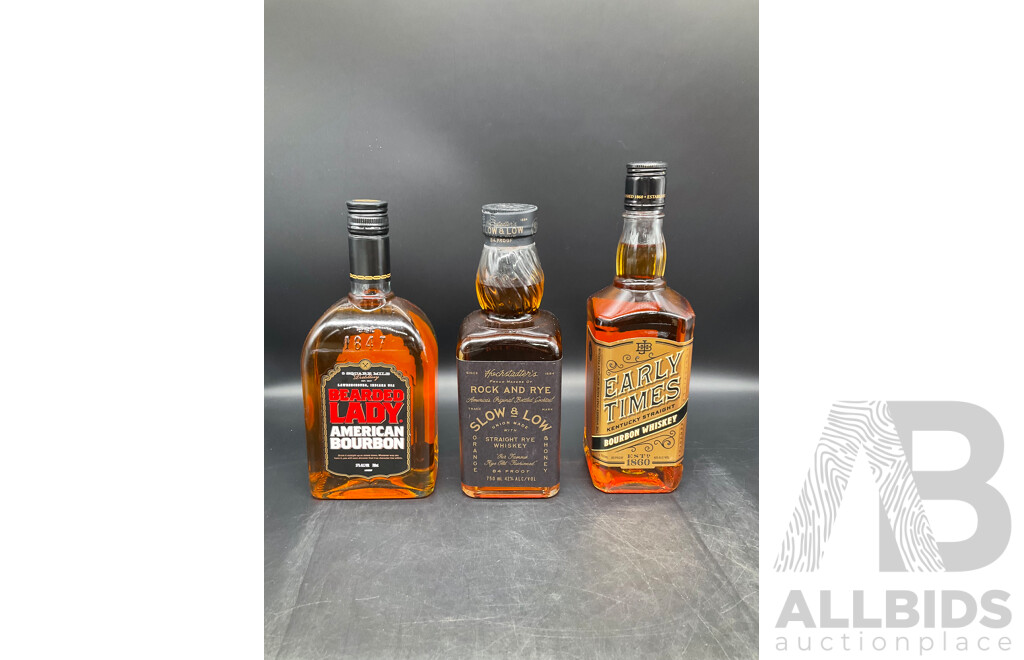 BEARDED LADY Bourbon 700ML, HOCHSTADTERS Slow & Low, Rock and Rye Whiskey 750ml, EARLY TIMES Bourbon Whisky 700ml - Lot of 3