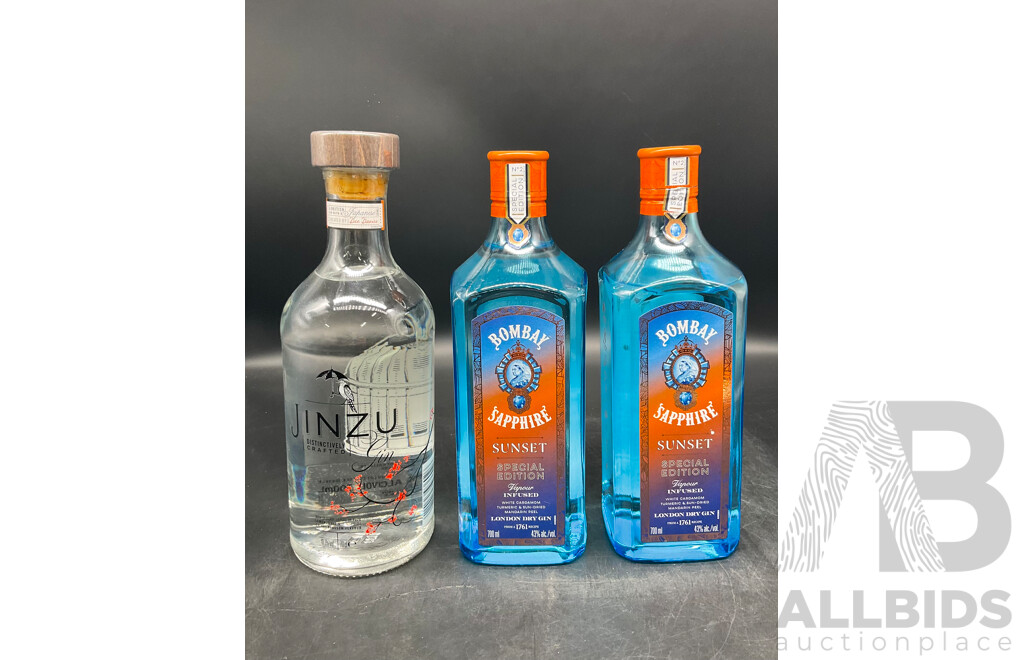 JINZU GIN 700ML, BOMBAY SAPPHIRE GIN Sunset 700ml X2 - Lot of 3