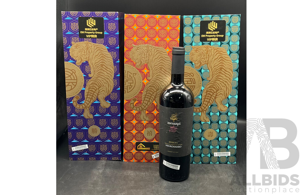 AUSWAN CREEK BIG TIGER Cabernet Sauvignon 1.5L X3, MESSAPI Puglia Negroamaro 750ml  - Lot of 4