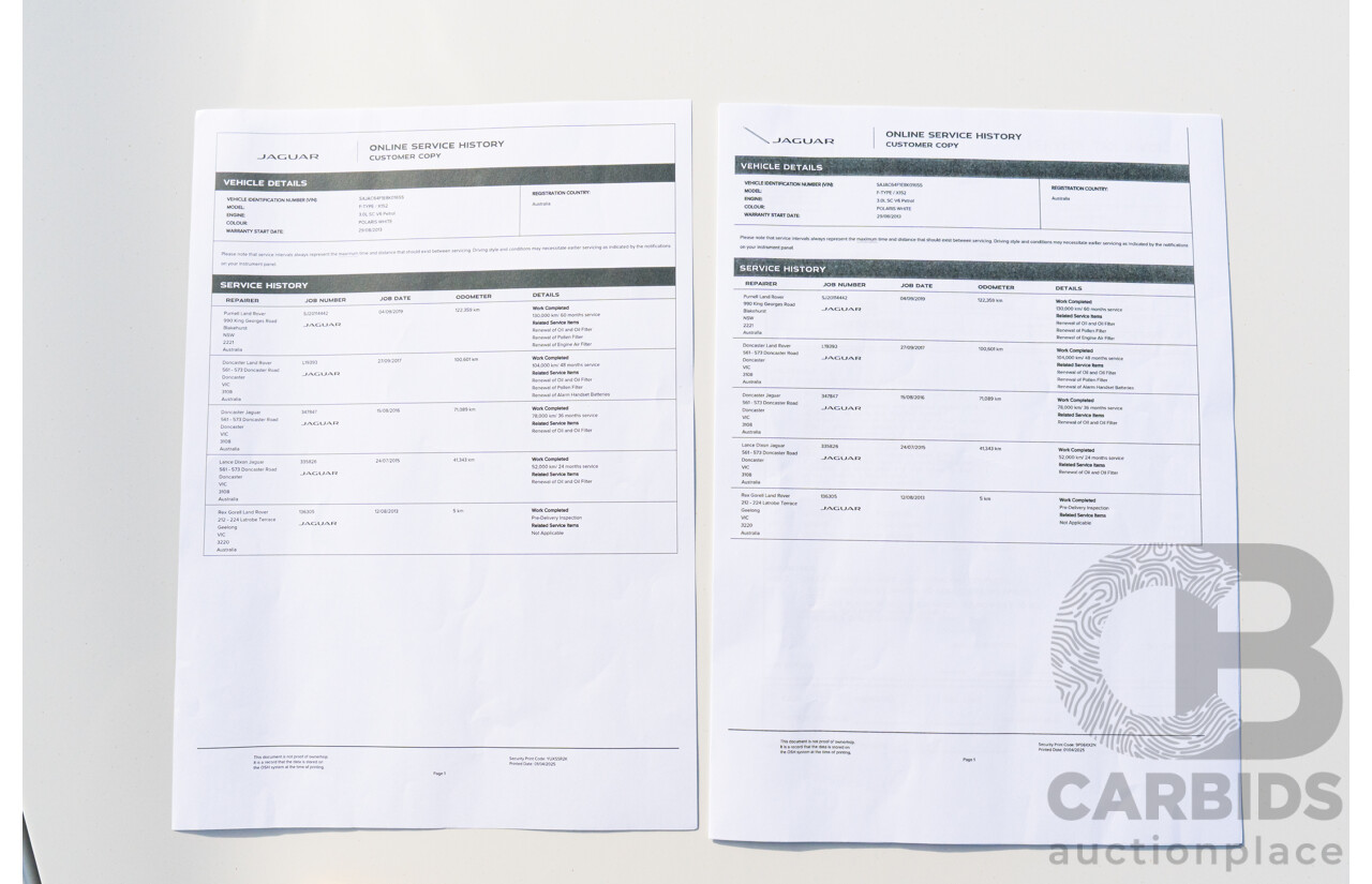 8/2013 Jaguar F-Type X152 2d Roadster Polaris White Supercharged V6 3.0L