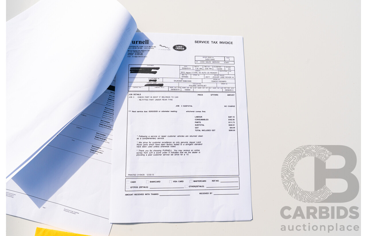 8/2013 Jaguar F-Type X152 2d Roadster Polaris White Supercharged V6 3.0L