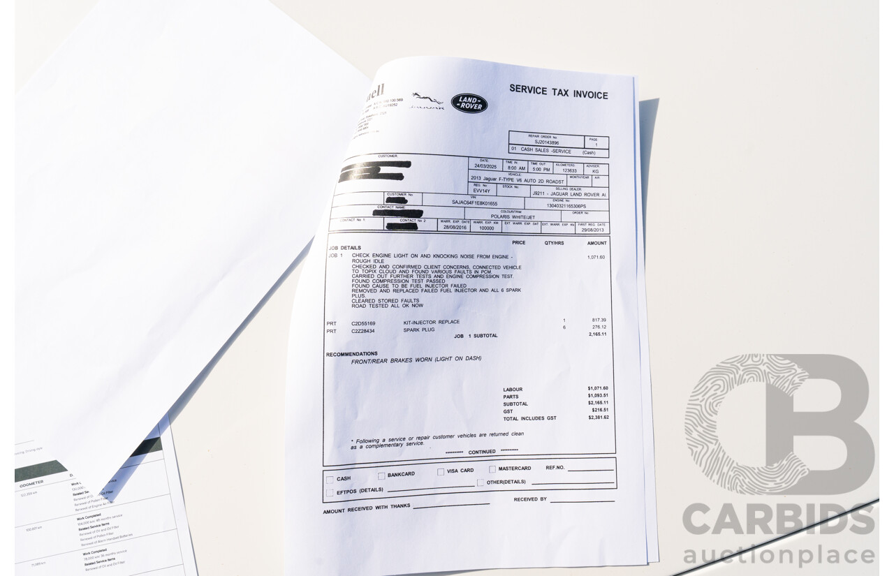 8/2013 Jaguar F-Type X152 2d Roadster Polaris White Supercharged V6 3.0L