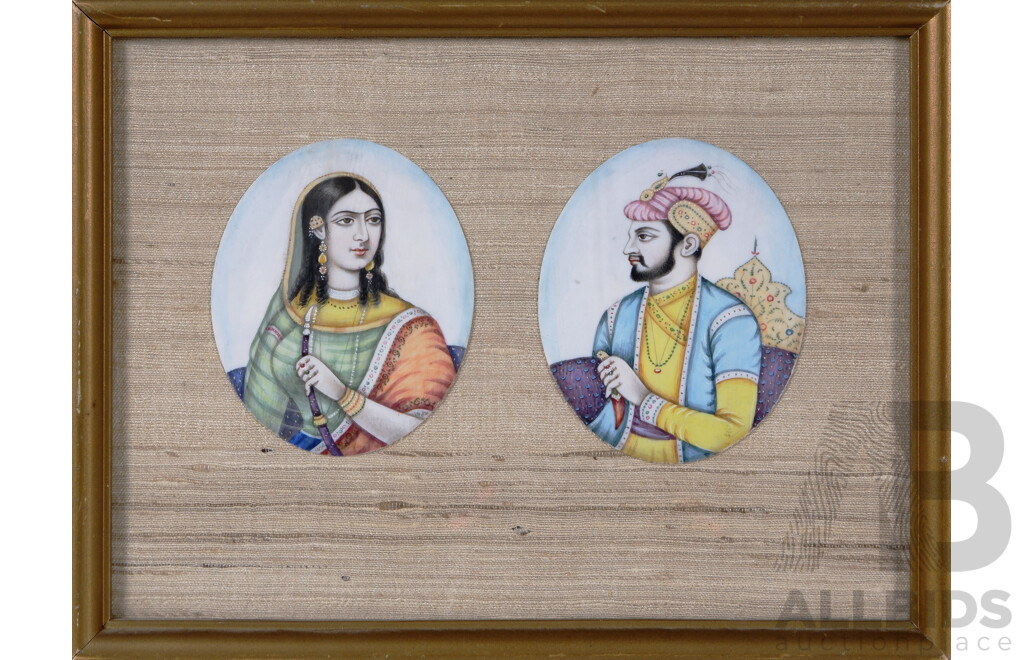 Antique Indo Persian Miniature Portraits, Wazir Jahan & Mauzuddin, Pigment on Ivory, 15.5 x 20.5 cm (frame)