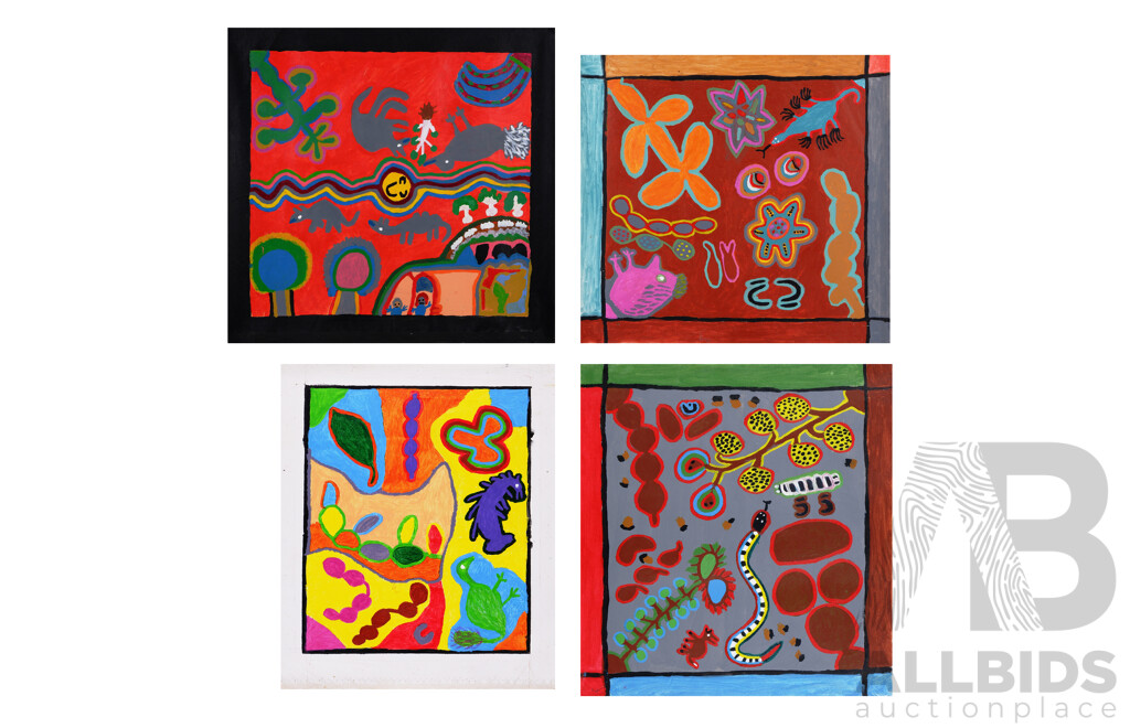 Flora Holt, (20th Century, Indigenous-Australian), Star, Moon & Animals/Bushtucker and More, Collection of Four Acrylics on Canvas, 67 x 67 cm (largest canvas) (4)