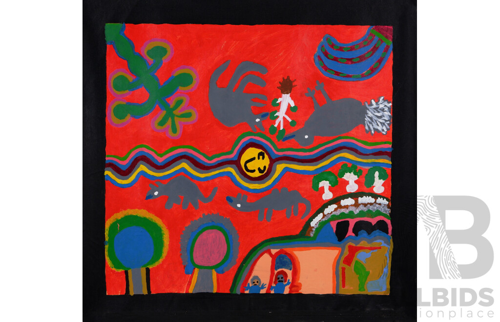 Flora Holt, (20th Century, Indigenous-Australian), Star, Moon & Animals/Bushtucker and More, Collection of Four Acrylics on Canvas, 67 x 67 cm (largest canvas) (4)