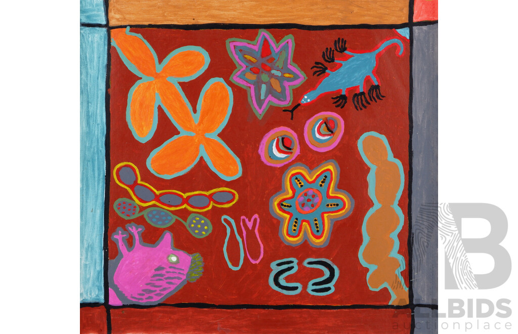 Flora Holt, (20th Century, Indigenous-Australian), Star, Moon & Animals/Bushtucker and More, Collection of Four Acrylics on Canvas, 67 x 67 cm (largest canvas) (4)