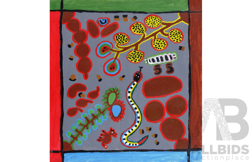 Flora Holt, (20th Century, Indigenous-Australian), Star, Moon & Animals/Bushtucker and More, Collection of Four Acrylics on Canvas, 67 x 67 cm (largest canvas) (4)