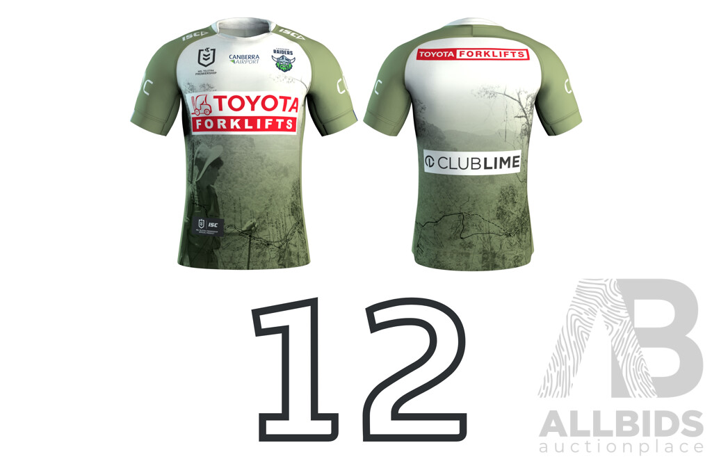 12. Matty Nicholson - Match Worn and Signed Canberra Raiders 2025 ANZAC Jersey - Round 8 V Dolphins - Proceeds Towards ANZAC Foundation