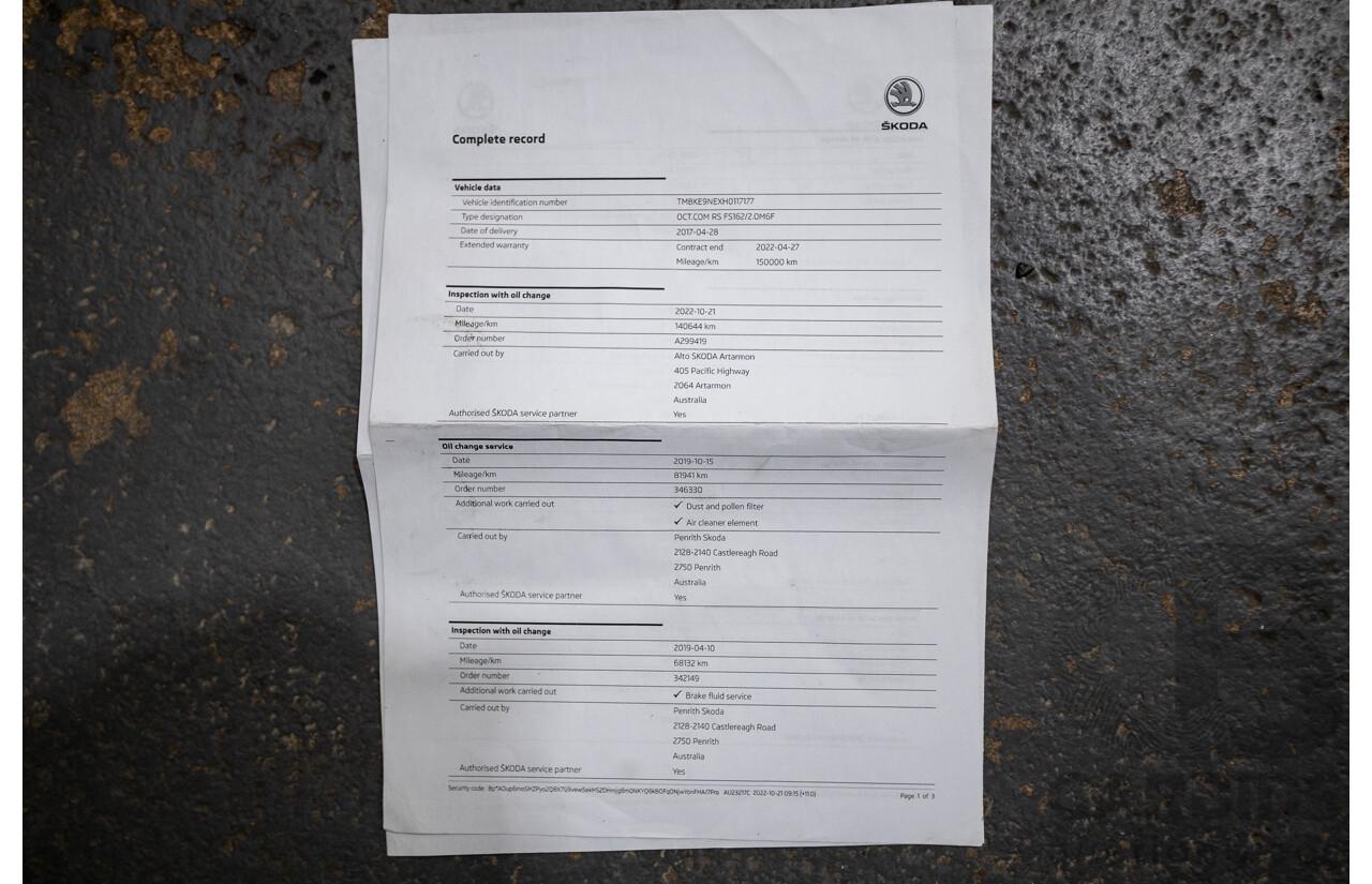 1/2017 Skoda Octavia RS 162 TSI NE MY17 4d Wagon Race Blue Metallic Turbo 2.0L