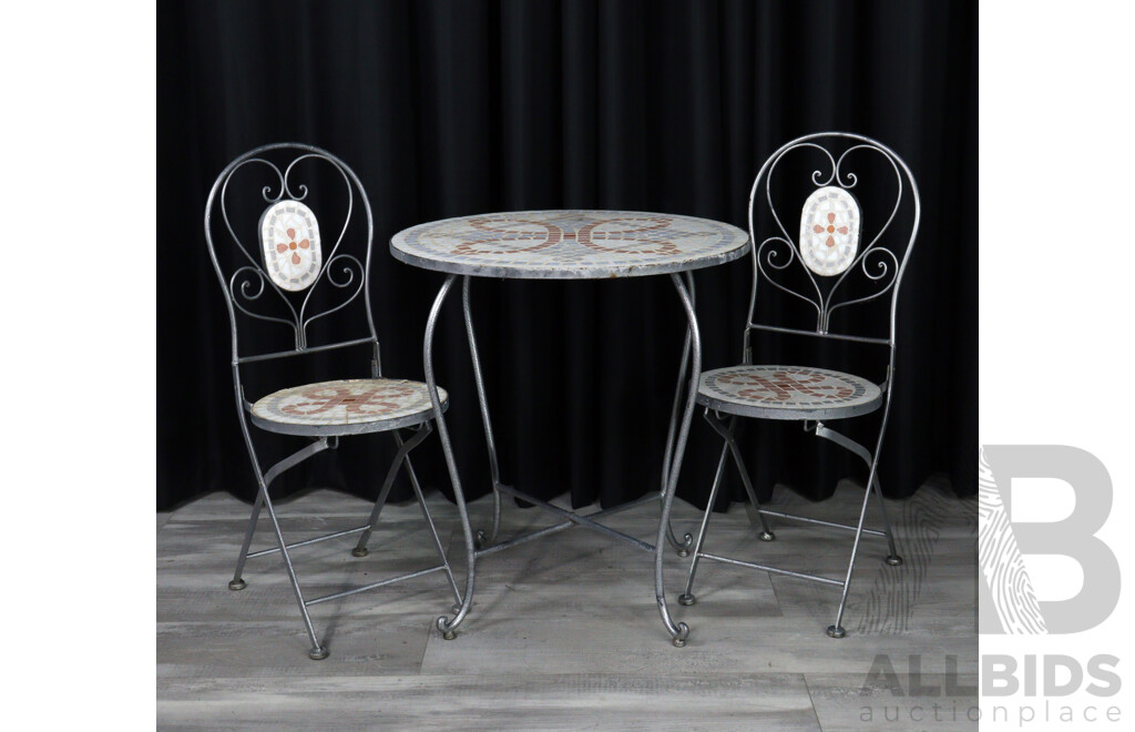Metal Three Piece Patio Suite with Round Mosaic Tile Top