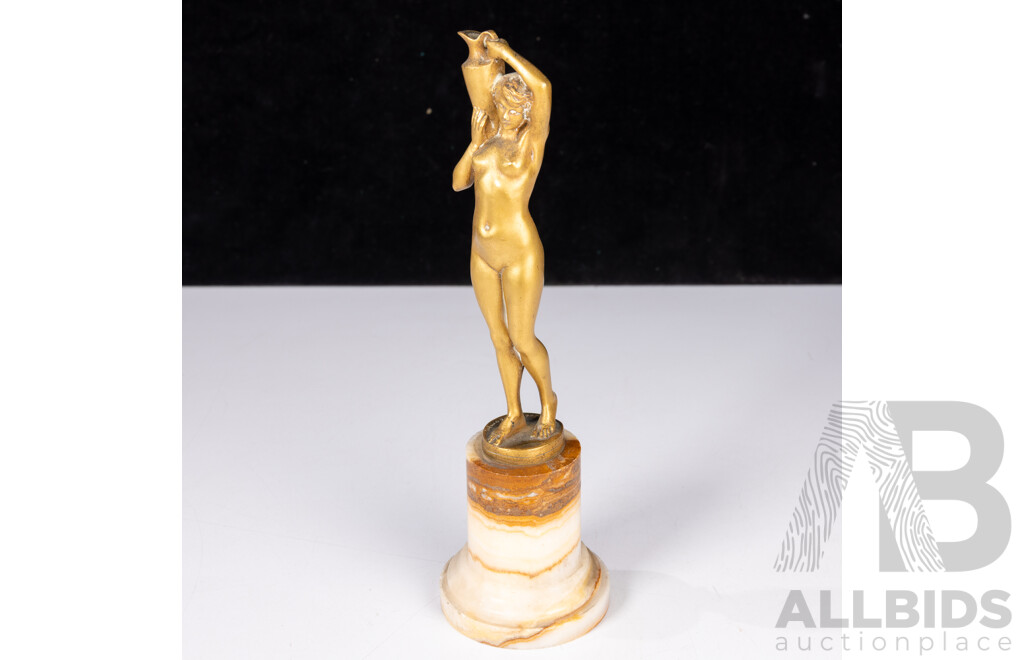 Vintage Art Deco French Gilt Bronze Figure of Girl with Urn on Onyx Soccle, Signed Joe Descomps