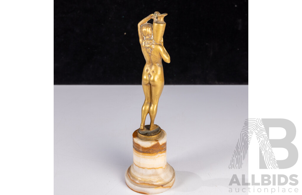Vintage Art Deco French Gilt Bronze Figure of Girl with Urn on Onyx Soccle, Signed Joe Descomps