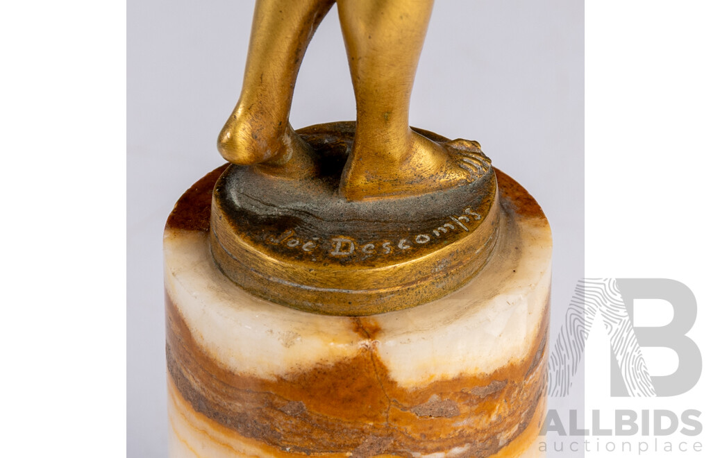 Vintage Art Deco French Gilt Bronze Figure of Girl with Urn on Onyx Soccle, Signed Joe Descomps