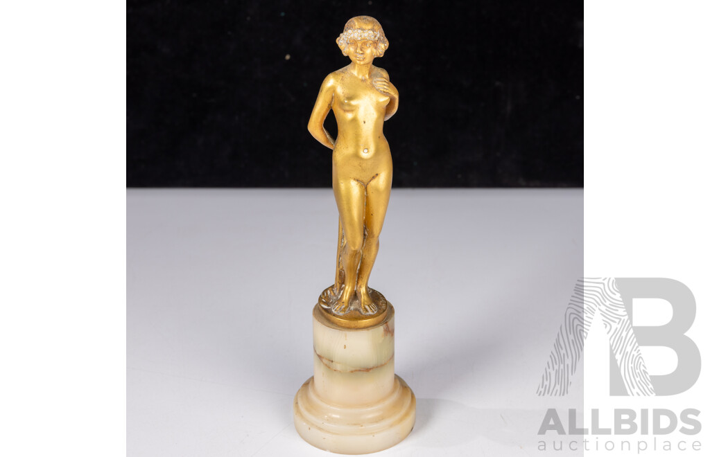 Vintage Art Deco French Gilt Bronze Figure of Bathing Girl with Towel on Onyx Soccle, Signed Joe Descomps
