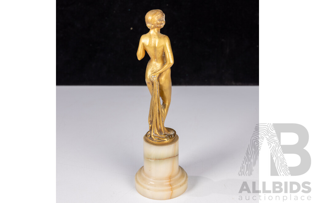 Vintage Art Deco French Gilt Bronze Figure of Bathing Girl with Towel on Onyx Soccle, Signed Joe Descomps