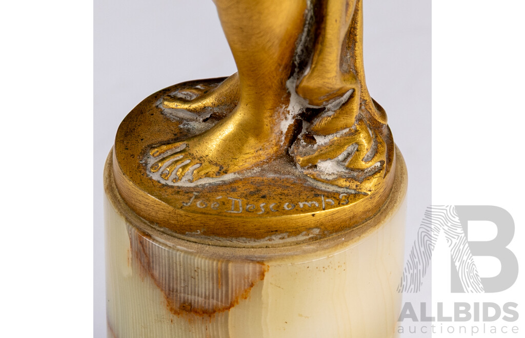 Vintage Art Deco French Gilt Bronze Figure of Bathing Girl with Towel on Onyx Soccle, Signed Joe Descomps