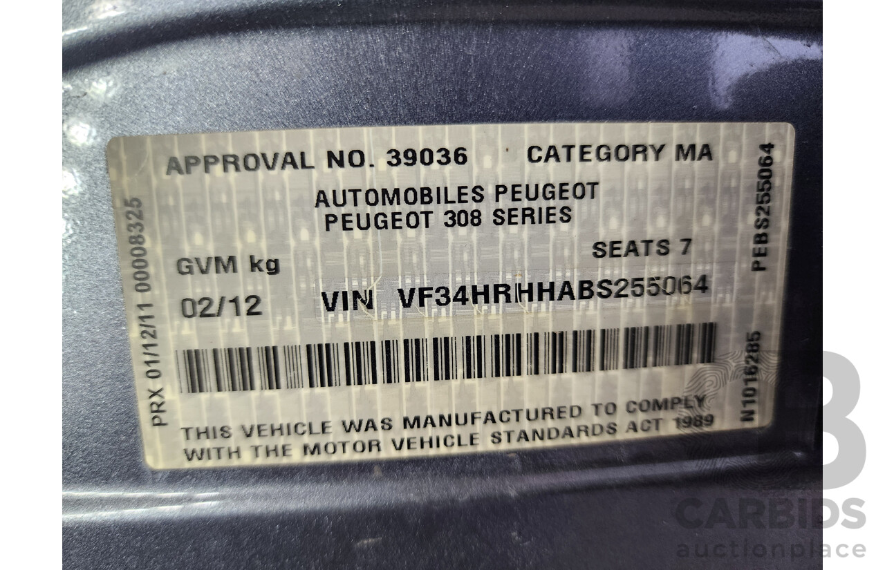 2/2012 Peugeot 308 Active Touring HDi  4d Wagon Grey 2.0L