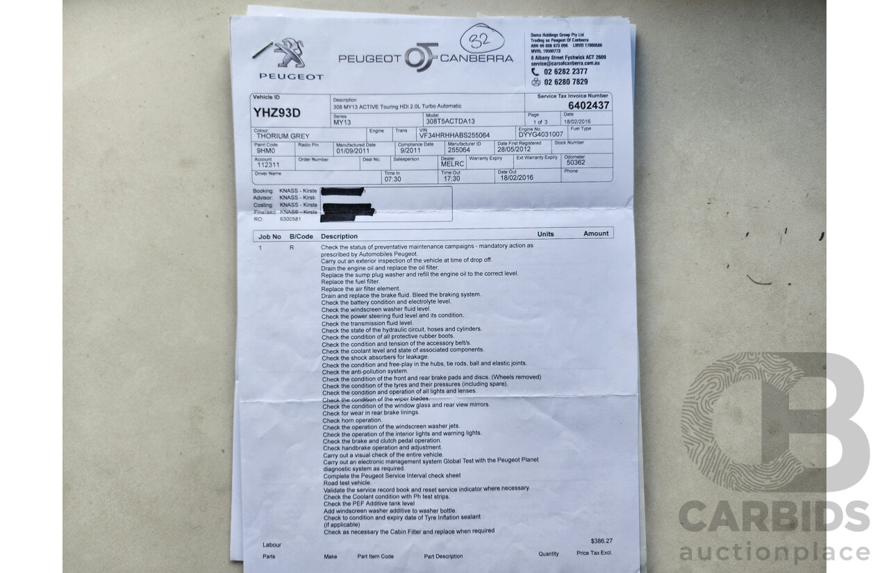 2/2012 Peugeot 308 Active Touring HDi  4d Wagon Grey 2.0L