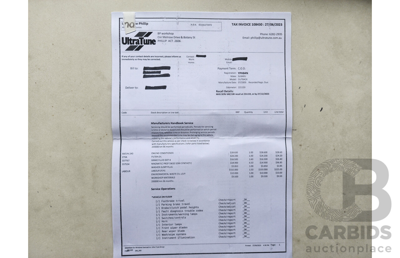 8/2009 Subaru Outback 3.6R Premium MY10 4d Wagon Black 3.6L