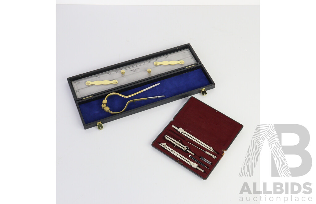 Vintage Cased Protractor Set by Birk and Slide Rule by Linex