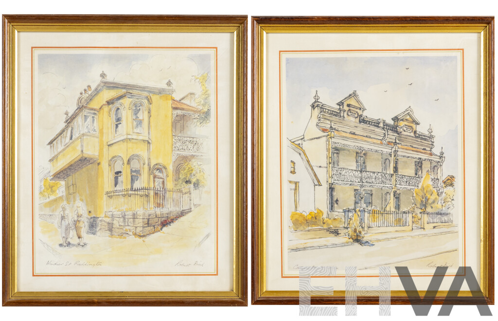 Robert Dick, (20th Century, Australian), Carlisle St, St Kilda & Windsor St, Paddington, Original Vintage Reproduction Prints After Original Watercolours, 39 x 33 cm (frames) (2)