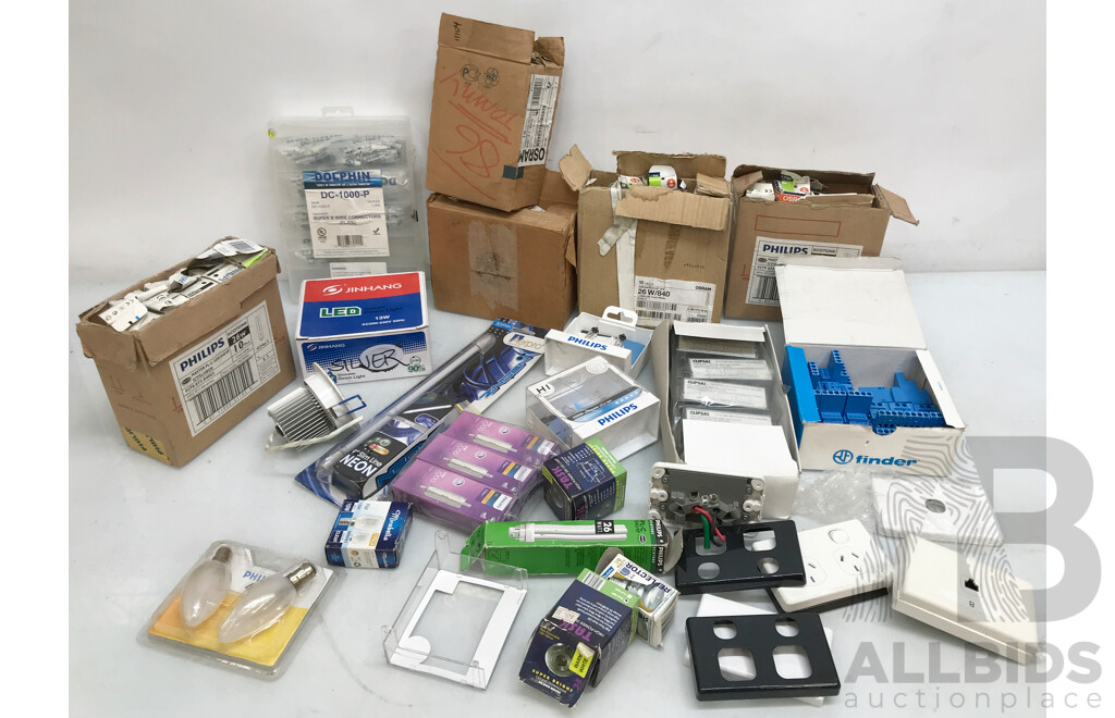 Bulk Lot of Assorted Lighting Equipment Such as Lights, Fittings, and More
