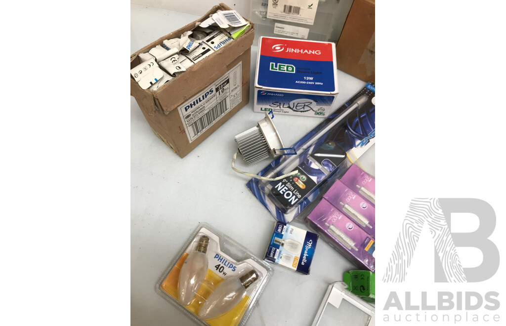 Bulk Lot of Assorted Lighting Equipment Such as Lights, Fittings, and More