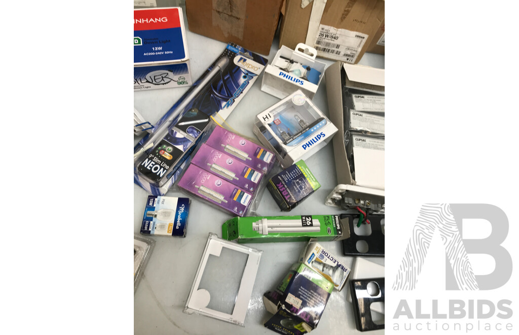 Bulk Lot of Assorted Lighting Equipment Such as Lights, Fittings, and More