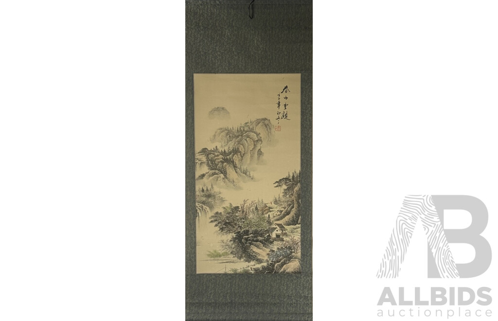Artist Unknown, (20th Century, Chinese School), Spring's Beautiful Face - Mountain Village Life, Ink and Wash on Rice Paper, 142 x 55 cm (scroll)