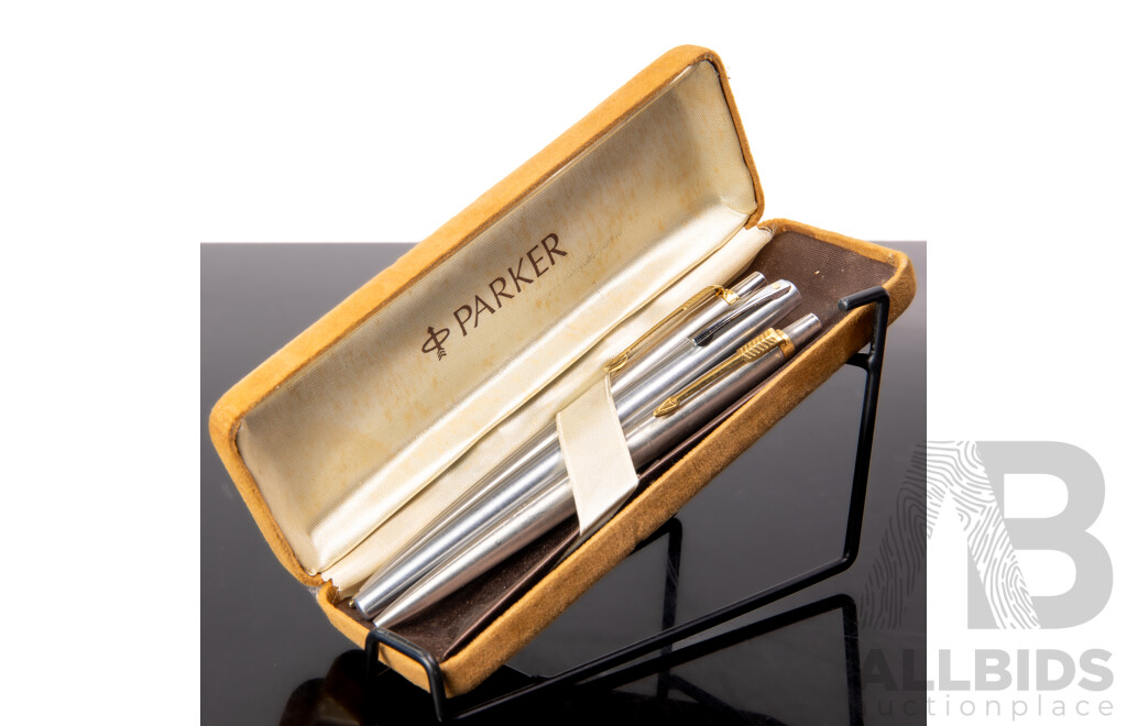 Collection Two Parker Retractable Ballpoint Pens and Sheaffer Example in Parker Case