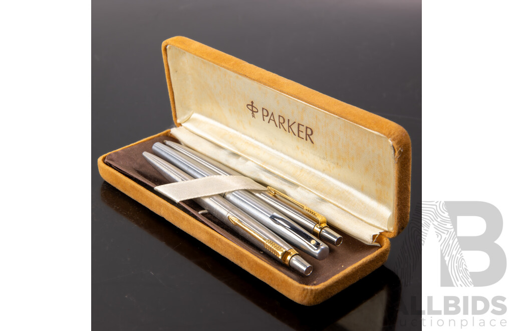 Collection Two Parker Retractable Ballpoint Pens and Sheaffer Example in Parker Case