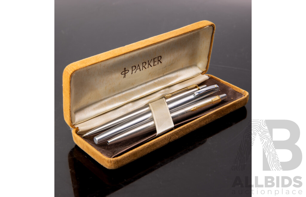 Collection Two Parker Retractable Ballpoint Pens and Sheaffer Example in Parker Case