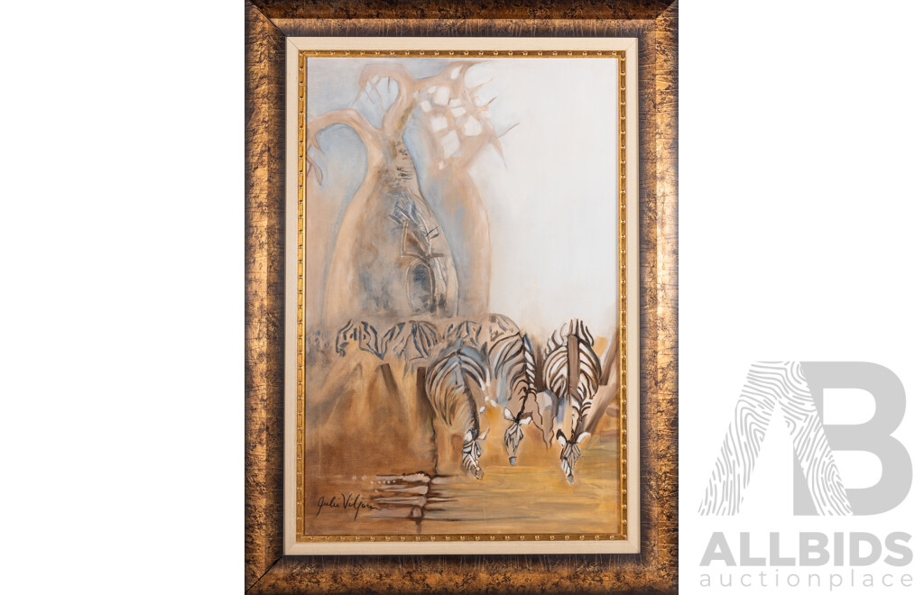Julie Viljoen, (20th Century, South African), Zebras Grazing, Original Oil on Canvas, 114 x 83 cm (frame)