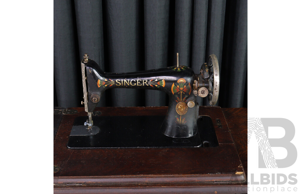 Early Singer Sewing Machine in Oak Case on Treadle Base